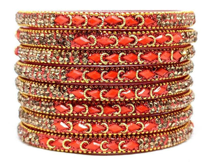 T4 Jewels (Large Size) Red, Green MultiColor Glass Kada Bangles (Pack Of 8)-NLKNTH