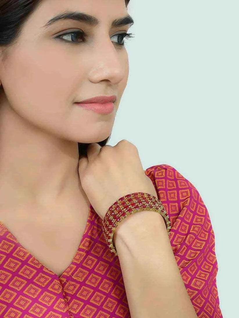 Set Of Four Gold Plated Red American Diamond Handmade Ethnic bangle for women (AD-0020)