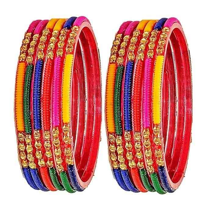 T4 Jewels (Large Size) Golden & Multicolor Glass Bangles (Pack Of 12)-RT