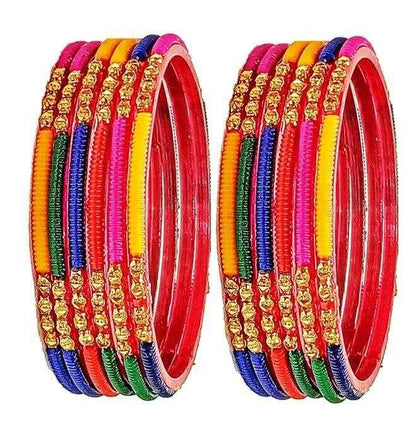 T4 Jewels (Large Size) Golden & Multicolor Glass Bangles (Pack Of 12)-RT