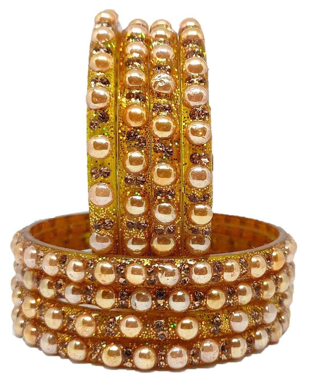 T4 Jewels (Large Size) Golden Color Glass Kada Bangles (Pack Of 8)-DLHN