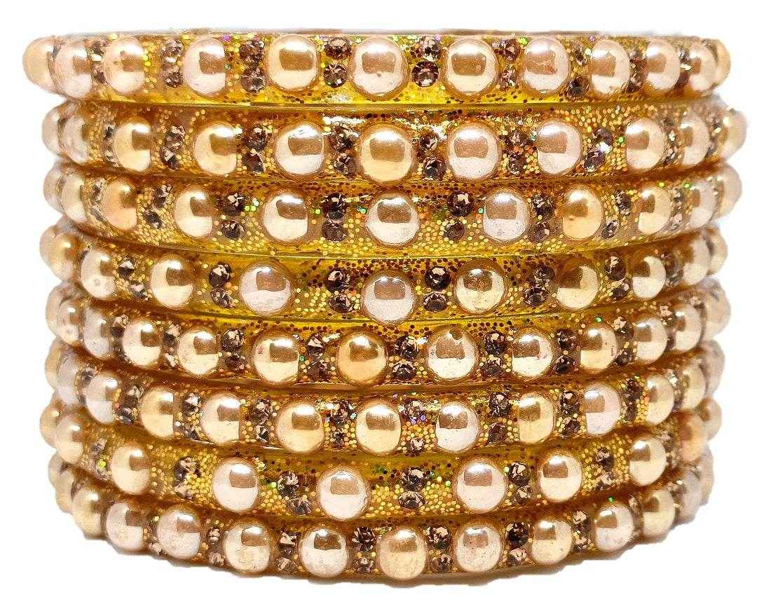 T4 Jewels (Large Size) Golden Color Glass Kada Bangles (Pack Of 8)-DLHN