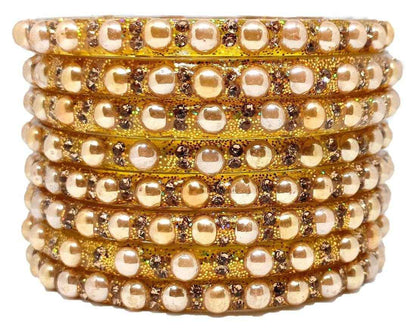 T4 Jewels (Large Size) Golden Color Glass Kada Bangles (Pack Of 8)-DLHN