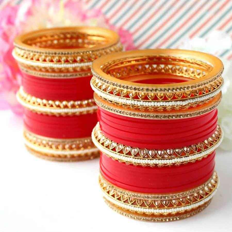 T4 Jewels Red Color Bridal Chuda With White Golden Kada Bangles -Available In All Sizes (CH25Z)