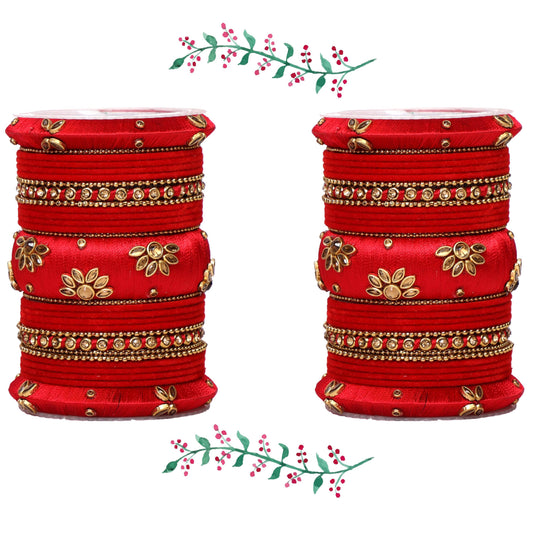 Traditional Velvet Bangle set with Thread Kada for Two Hands T4 Jewels Red T4 Jewels