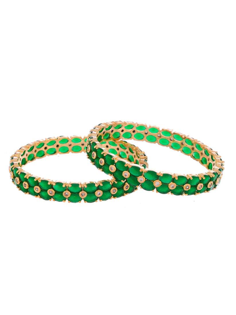 Set of 2 Gold Plated Green AD Stone Studded Handcrafted Bangles (AD-002) T4 Jewels