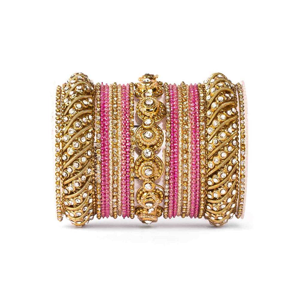 Traditional Colored Textured Bangle Set For Single Hand Golden-Fuschia T4 Jewels