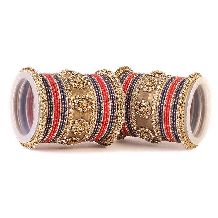 Set of 2 Traditional Jaali Work Multi-Colored Bangle Set Red-Blue T4 Jewels