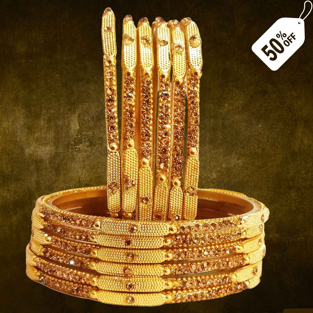 T4 Jewels (Large Size) Golden Color Glass Bangles (Pack Of 12)-STSNG