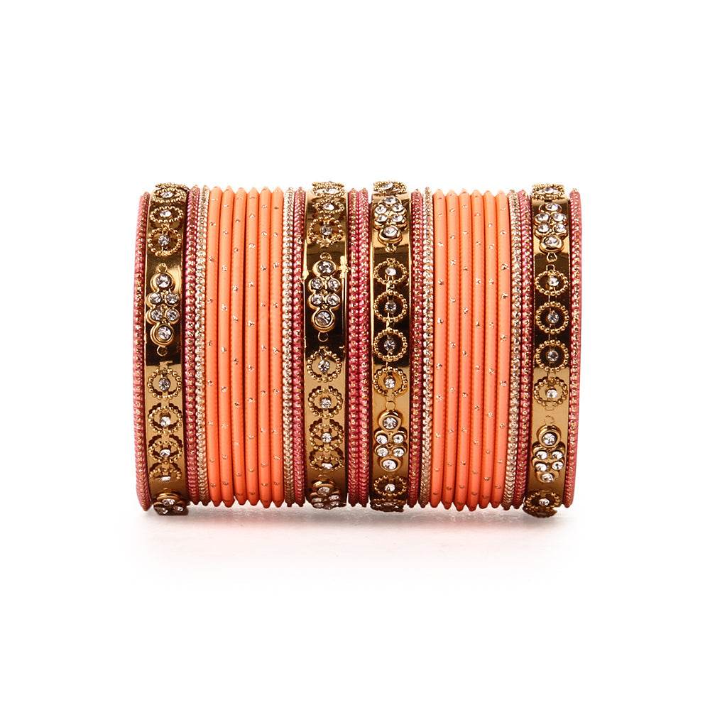 Traditional Bangle Set With Golden Dotted Bangles Peach T4 Jewels