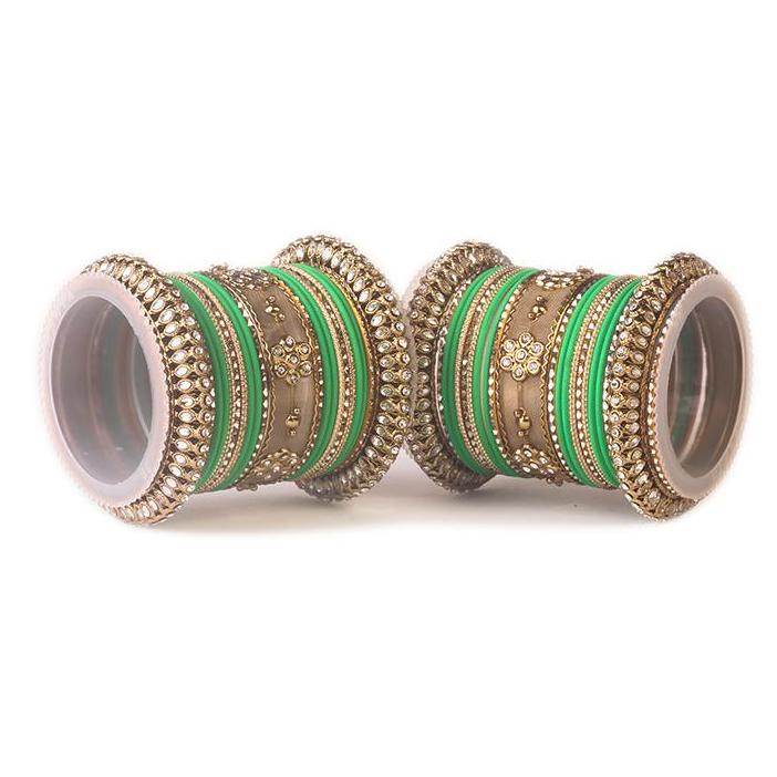 Set of 2 Traditional Matte Finish Kundan Bangle Set Green T4 Jewels