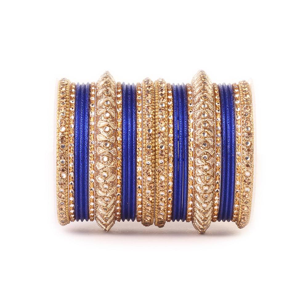 Traditional Colored Kundan Work Bangle Set For Two Hands Blue T4 Jewels