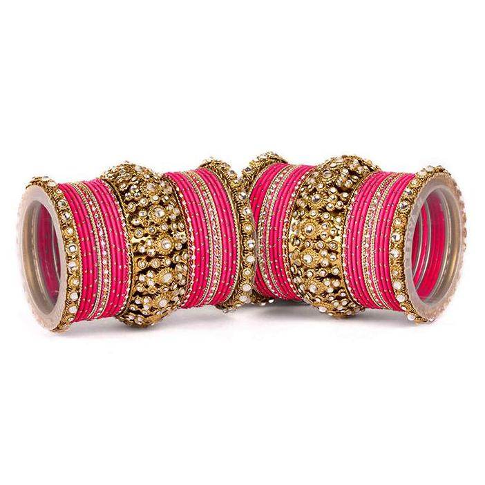 Set of 2 Beautiful Golden Dotted Colored Bangle Set Fuchsia T4 Jewels