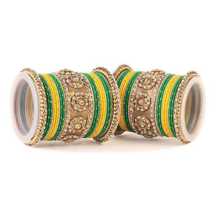 Set of 2 Traditional Jaali Work Multi-Colored Bangle Set Yellow-Green T4 Jewels