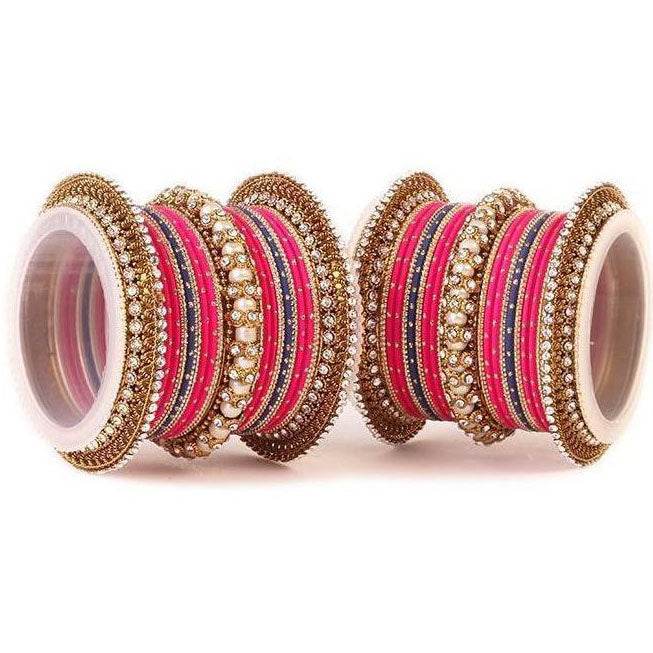 Set of 2 Traditional Multi-Colored Pearl Chakri Bangle Set Pink-Blue T4 Jewels