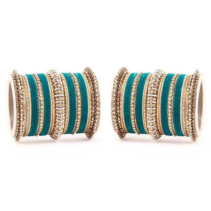 Set of 2 Beautiful Velvet Bangle And Pearl Bangle Set Rama Green T4 Jewels