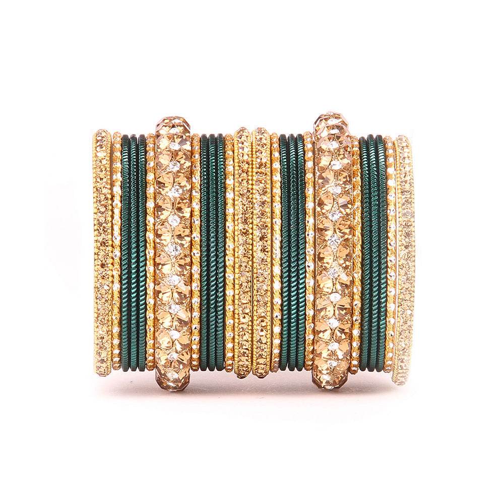 Traditional Shining Bangle Set For Women With Lac And Golden Stone Green T4 Jewels