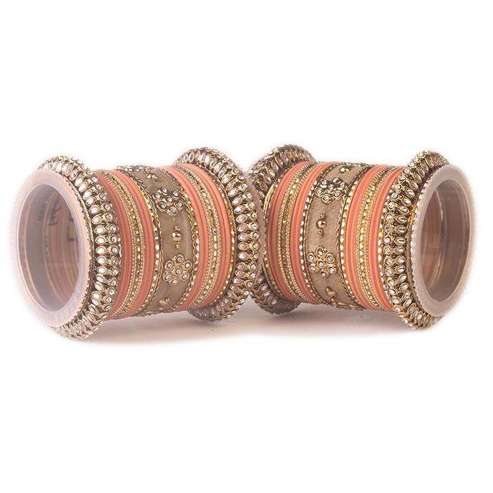 Set of 2 Traditional Matte Finish Kundan Bangle Set Peach T4 Jewels