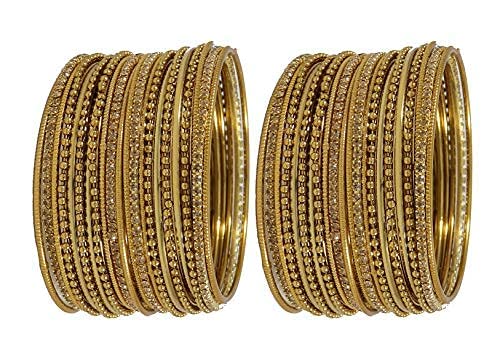 T4 Jewels Non-Precious Metal with Base Metal Zircon Gemstone Studded Glossy Finished Ballchain Linked Gold Plated Cutting Pattern Bangle set for Women and Girls Golden T4 Jewels