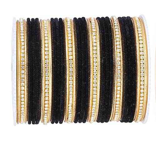 T4 Jewels Zircon Gem-stones And Beads Velvet Glossy Finished Metal Bangles Set - 66NO