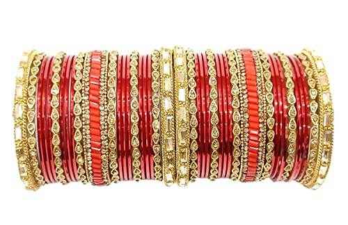 T4 Jewels Gemstones & Gold Plated Gorgeous Multi Colours Stones Studded Bridal Wear Fashion Jewellery Glass Bangles Set - 77NO