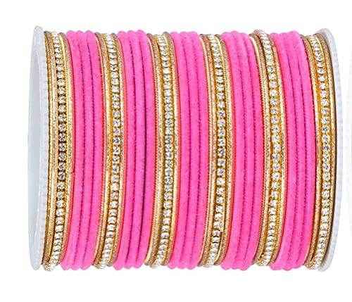 T4 Jewels Zircon Gem-stones And Beads Velvet Glossy Finished Metal Bangles Set - 66NO
