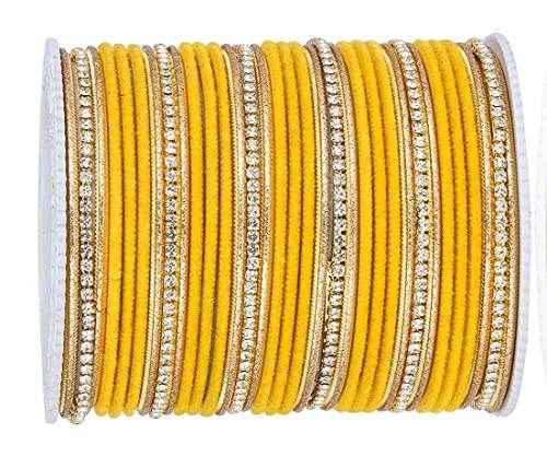 T4 Jewels Zircon Gem-stones And Beads Velvet Glossy Finished Metal Bangles Set - 66NO