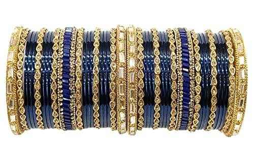 T4 Jewels Gemstones & Gold Plated Gorgeous Multi Colours Stones Studded Bridal Wear Fashion Jewellery Glass Bangles Set - 77NO