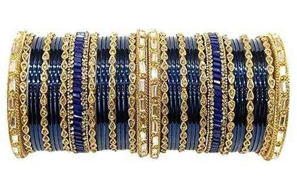 T4 Jewels Gemstones & Gold Plated Gorgeous Multi Colours Stones Studded Bridal Wear Fashion Jewellery Glass Bangles Set - 77NO