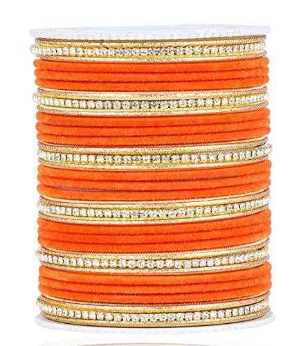 T4 Jewels Zircon Gem-stones And Beads Velvet Glossy Finished Metal Bangles Set - 66NO
