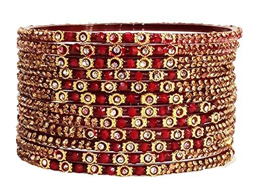 T4 Jewels (2.10 & 2.12 Size Designer Maroon Colour Golden Silver Stones Studded Beautiful Glass Bangles Set For Women & Girls - (Set Of 12) T4 Jewels