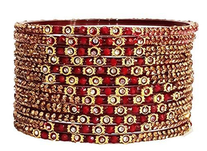 T4 Jewels (2.10 & 2.12 Size Designer Maroon Colour Golden Silver Stones Studded Beautiful Glass Bangles Set For Women & Girls - (Set Of 12) T4 Jewels