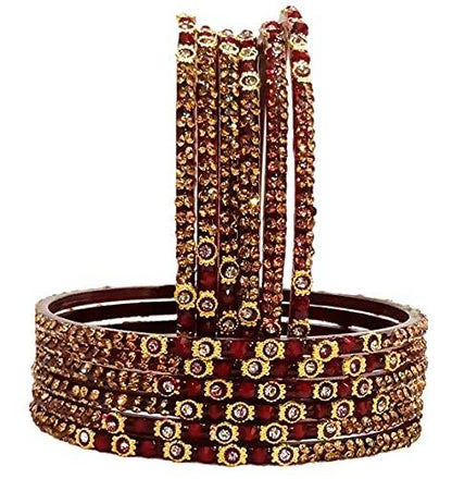 T4 Jewels (2.10 & 2.12 Size Designer Maroon Colour Golden Silver Stones Studded Beautiful Glass Bangles Set For Women & Girls - (Set Of 12) T4 Jewels