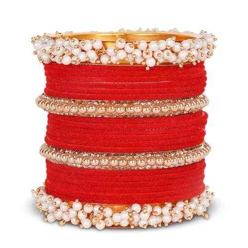 T4 Jewels 18k Pearl & Beads Gold Plated Zircon Gemstones Studded Latest Fashion Jewellery Bangles Set - 96NO