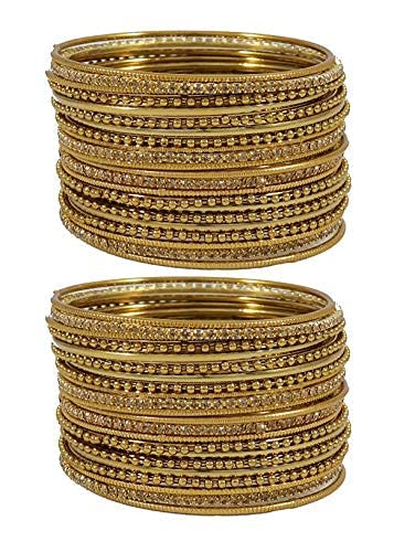 T4 Jewels Non-Precious Metal with Base Metal Zircon Gemstone Studded Glossy Finished Ballchain Linked Gold Plated Cutting Pattern Bangle set for Women and Girls T4 Jewels