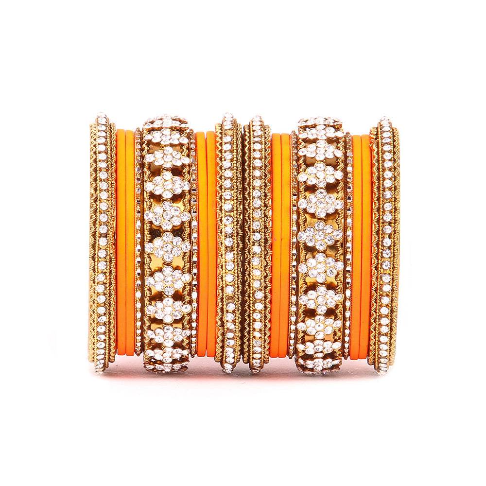 Stylish Matte Finish And Running Stone Pattern Bangle Set Orange T4 Jewels