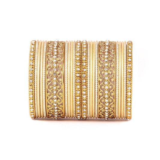 Intricate Bracelet With Running Stone Work And Shinning Bangle Set Golden T4 Jewels