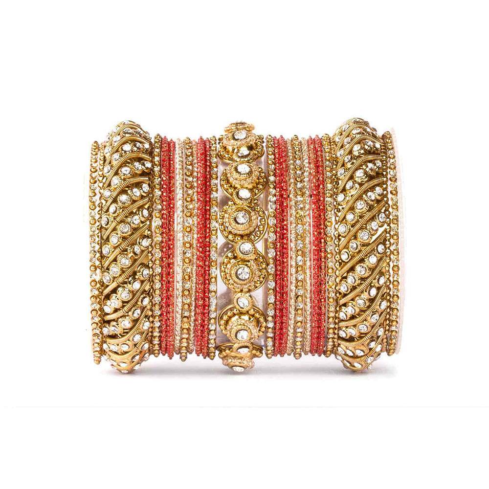 Traditional Colored Textured Bangle Set For Single Hand Golden-Red T4 Jewels