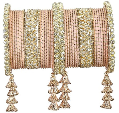 T4 Jewels Metal Bangles Latkan Chuda Set with American Diamond, Zircon Stone & Polka Dots | Dulhan Chuda Set Wedding | Punjabi Chuda | Chooda Bangles- Set of 38 Peach T4 Jewels