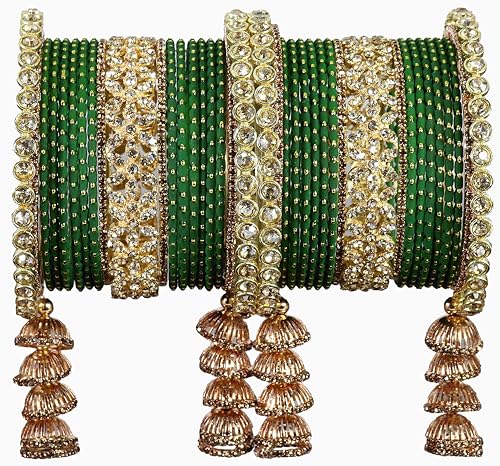 T4 Jewels Metal Bangles Latkan Chuda Set with American Diamond, Zircon Stone & Polka Dots | Dulhan Chuda Set Wedding | Punjabi Chuda | Chooda Bangles- Set of 38 Green T4 Jewels