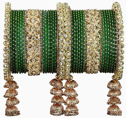 T4 Jewels Metal Bangles Latkan Chuda Set with American Diamond, Zircon Stone & Polka Dots | Dulhan Chuda Set Wedding | Punjabi Chuda | Chooda Bangles- Set of 38 Green T4 Jewels