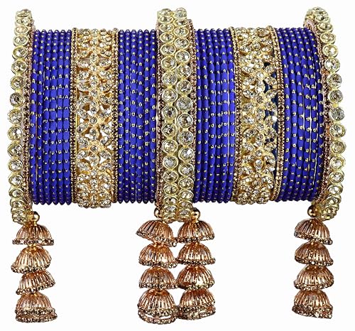T4 Jewels Metal Bangles Latkan Chuda Set with American Diamond, Zircon Stone & Polka Dots | Dulhan Chuda Set Wedding | Punjabi Chuda | Chooda Bangles- Set of 38 Blue T4 Jewels