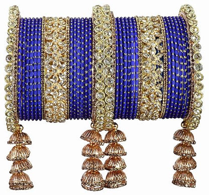 T4 Jewels Metal Bangles Latkan Chuda Set with American Diamond, Zircon Stone & Polka Dots | Dulhan Chuda Set Wedding | Punjabi Chuda | Chooda Bangles- Set of 38 Blue T4 Jewels