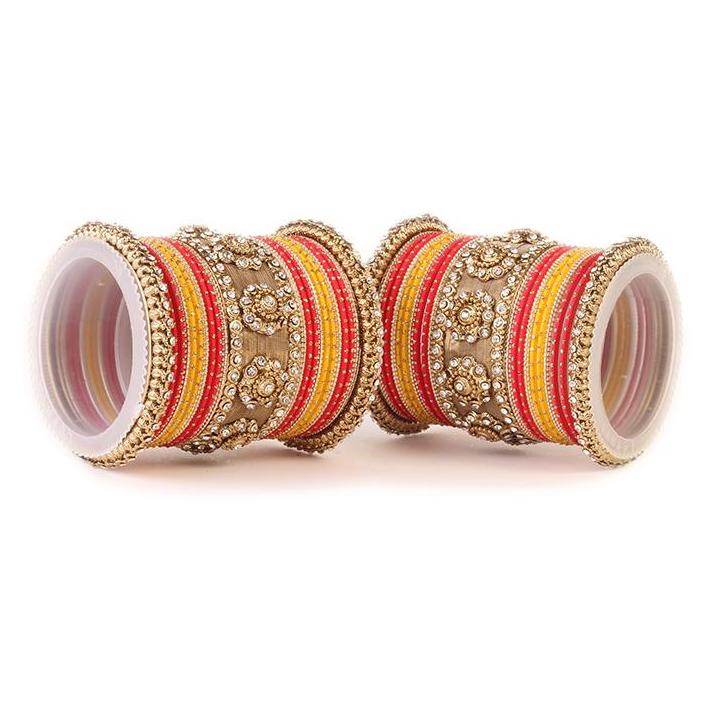 Set of 2 Traditional Jaali Work Multi-Colored Bangle Set Red-Yellow T4 Jewels