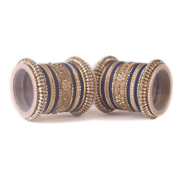 Set of 2 Traditional Matte Finish Kundan Bangle Set Blue T4 Jewels