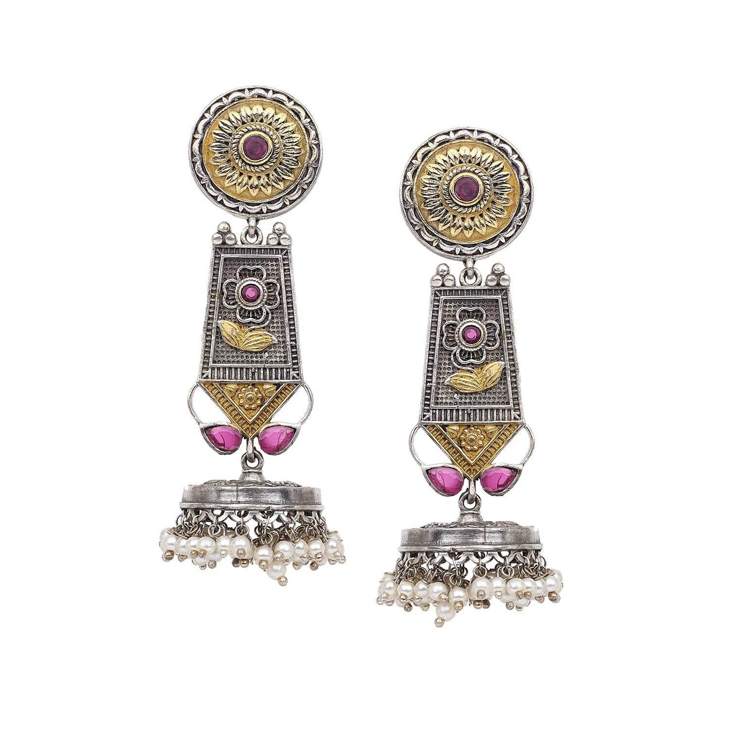 Oxidized Silver Earring with Beaded Jhumki and ruby coloured stone T4 Jewels