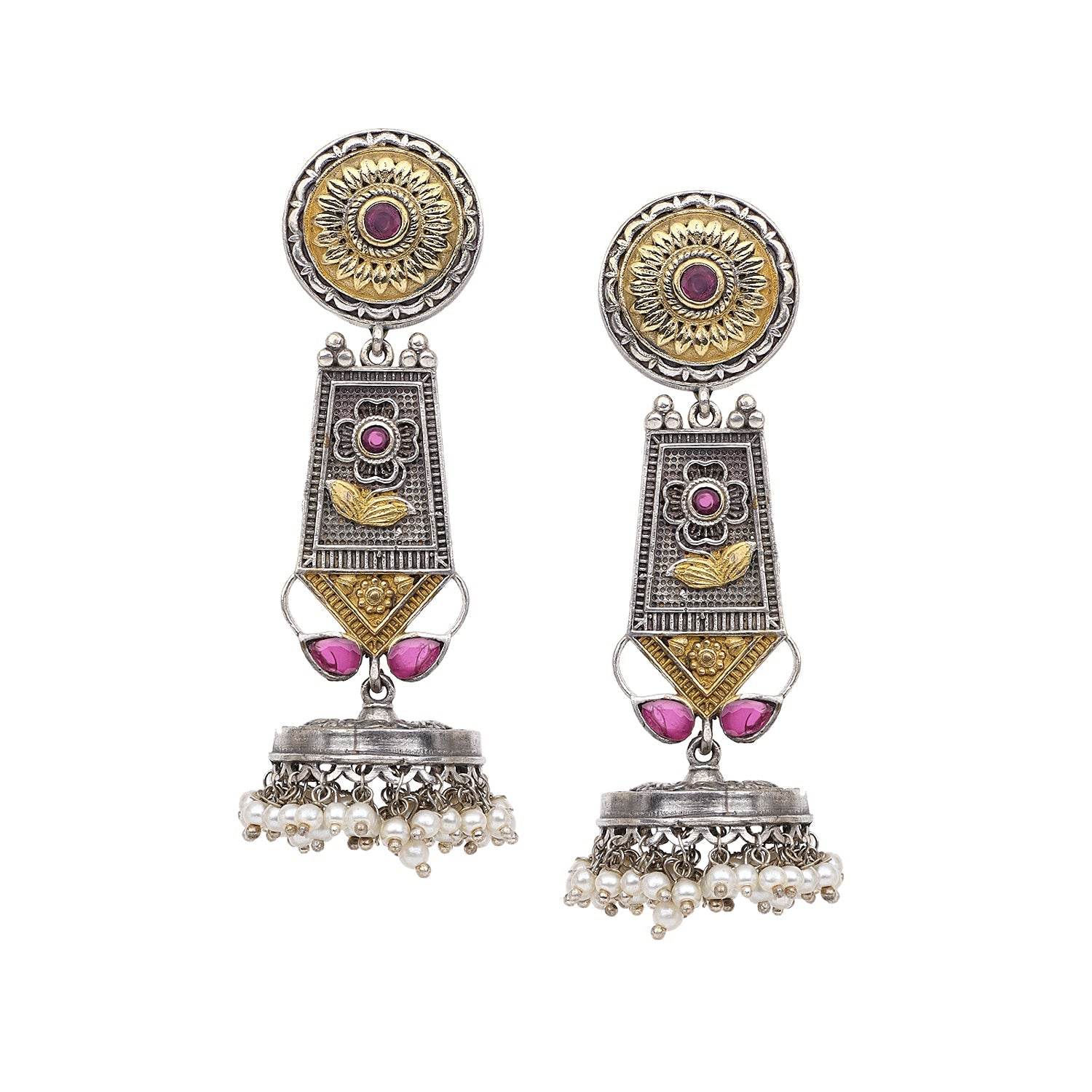 Oxidized Silver Earring with Beaded Jhumki and ruby coloured stone T4 Jewels