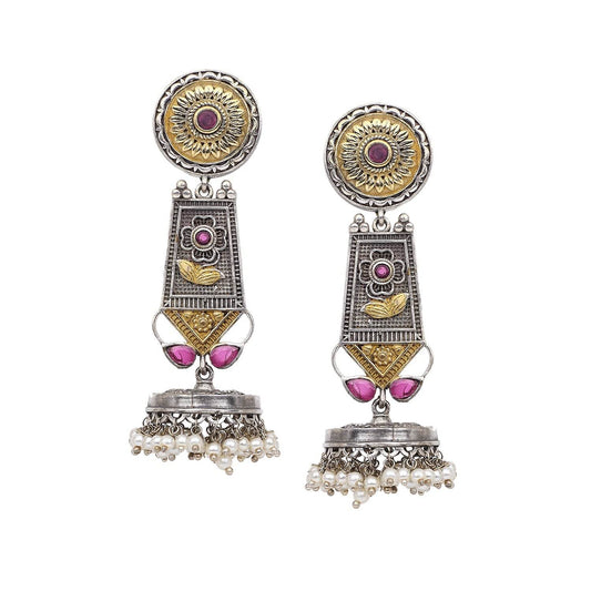 Oxidized Silver Earring with Beaded Jhumki and ruby coloured stone T4 Jewels