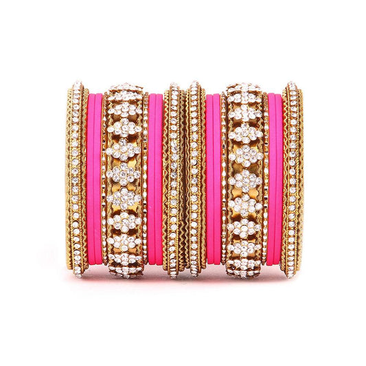 Stylish Matte Finish And Running Stone Pattern Bangle Set Pink T4 Jewels