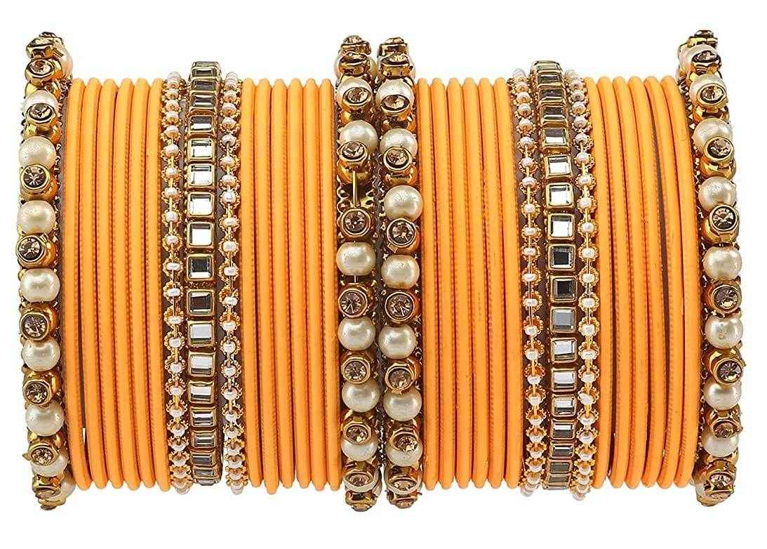 T4 Jewels Brass Metal Beads, Stones And Gemstones Studded Pearl & Glossy Finished Bangle Set- 63NO